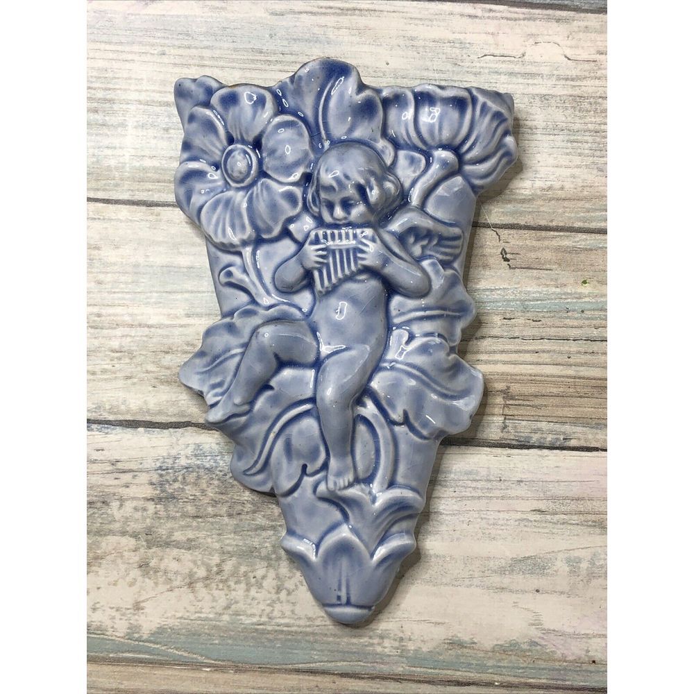 Blue Vintage Angel Cherub Wall‎ Pocket Vase Shabby Chic French Country